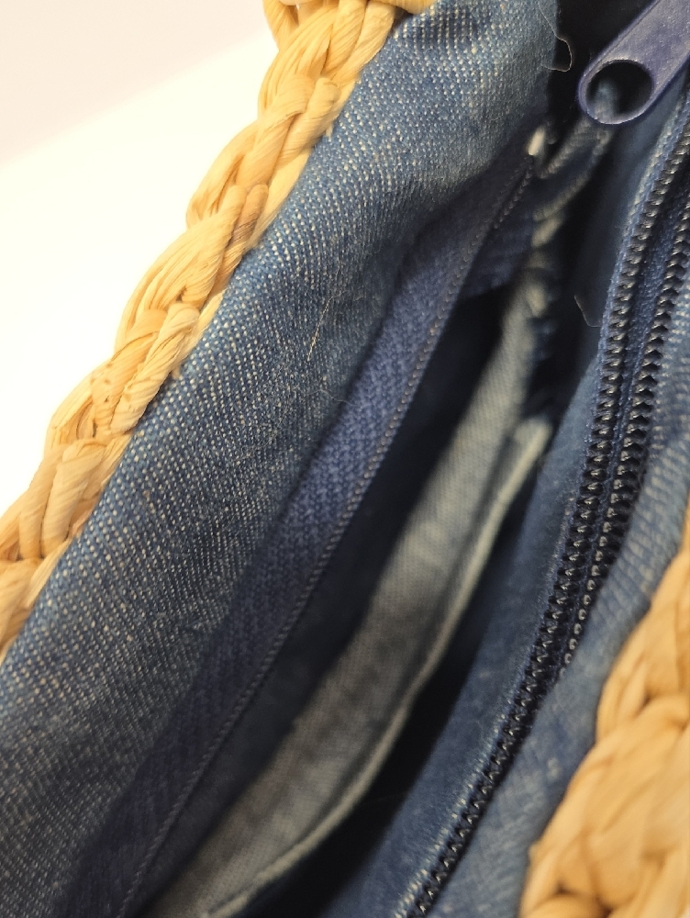 Woven Straw Bag with Blue Floral Accent-*Flaw Inside Side Pkt Zipper/fabric - Picture 8 of 9
